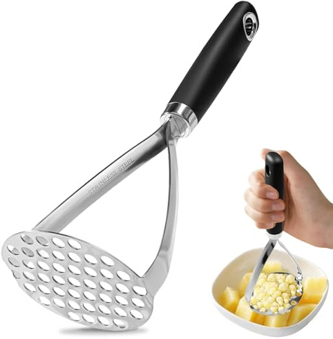 DOJASOHILMI Potato Masher, Food Grade Stainless Steel with Soft Grip Handle, Heavy Duty Kitchen Tool for Mashed Potato, Vegetables, Fruits, Baby Food
