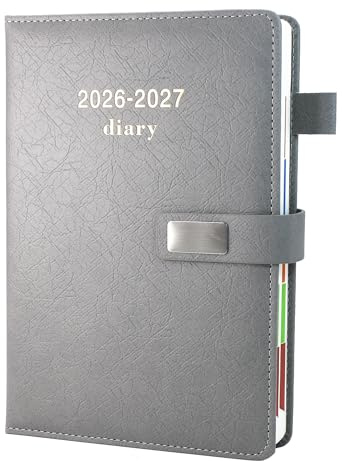 Academic Diary 2026-2027, Faux Leather Diary 2026-2027 A5 Page A Day,Productivity Daily Planner from Jul 2026 to Jun 2027 With Monthly Tabs, and Colorful Side Panels (Grey)