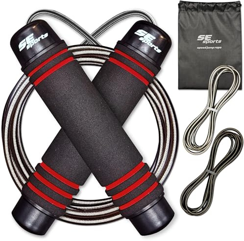 SE sports - Profi-Springseil-Set mit 3 Seilen & Tasche – 3m Speed Rope mit Kugellager & Soft-Griffen – längenverstellbar – Inkl. Ersatz-Stahlseil & Gummiseil – Fitness, Boxen, Workout, Crossfit