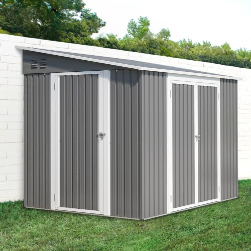 Geräteschuppen Metall 6x8 Fuß mit Doppeltüren & Seitentür, Gerätehaus groß 4,5 m² als Fahrradgarage für 4-6 Fahrräder, Gartengeräte & Motorrad, wetterfester Stahlschuppen mit Schrägdach, Grau