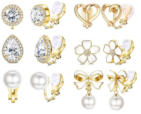 Uwiyo 6 Paar Clip Ohrringe Damen, Gold Silber Ohrclips Damen Hypoallergen Ohrclips Ohne Ohrlöcher Perlen Herz Blume Zirkonia Klipp Ohrringe Fake Ohrringe Set für Frauen Mädchen