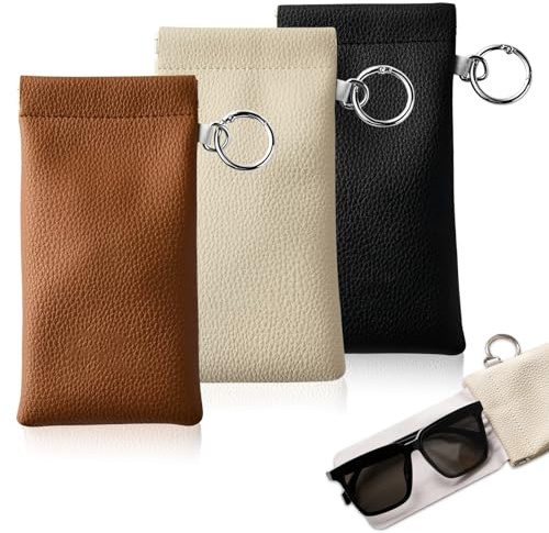 MXGHIR 3 Stück PU Leder Brillenetui Weich mit Brillenputztuch & Hängering | Tragbares Brillentasche, Sonnenbrillen Etui Wasserdicht für Herren Damen (Schwarz, Braun, Cremefarben)
