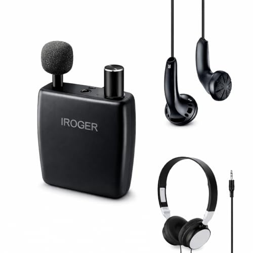 IROGER Amplificatore acustico per anziani, amplificatore sonoro personale, guadagno automatico intelligente, microfono direzionale, batteria ricaricabile, cuffie e auricolari inclusi