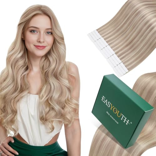 Easyouth Tape in Extensions Echthaar Remy Tape on Extensions Blond Highligthed Tape in Echthaar Extensions Aschblondes Highlight mit Hellblond 16 Zoll 40g 20Stück 18/613