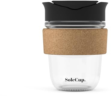 SoleCup. - Reusable Strengthened Glass Travel Cup - Spill Proof Coffee Mug - 12oz/340ml BPA-Free Hot Drink Travel Mug with Lid & Cork Band (Black, 340ml / 12oz)