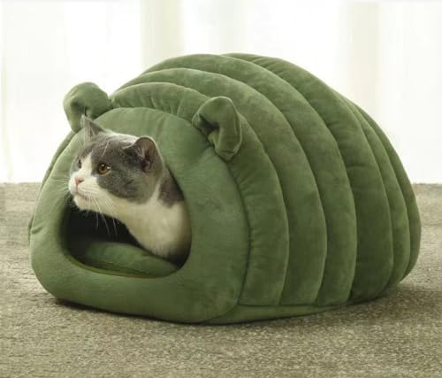 Soft Indoor Pet Bed Sofa 2 in 1 Pet Nest Portable Cat Puppy Sleeping Bag Bed Carpets Foldable Dog Cave Half Covered Slipper Shape Bed Cave House Thermal Warmer Winter Cozy Bed Hut (Deep Green)