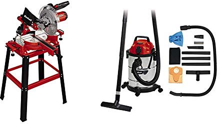 Einhell Scie à onglet radiale TC-SM 2531/2 U (1 900 W, 4 800 tours/min, système de glissière intégré pour pièces jusqu’à 310 mm de largeur) VERSION KIT avec Aspirateur Eaux et Poussières TC-VC 1820 SA