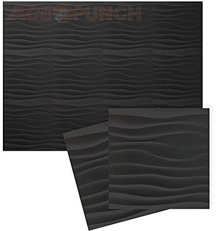 Acepunch 12 Panneaux muraux 3D PVC Noir 30x30cm Carreaux Décoratifs Imperméable Anti-Rayures Ondulées Thème Mural Ignifuge Papier Peint Diviseurs De Chambre Décoration D'intérieur Mur Salon Hall
