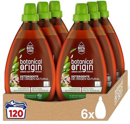 Botanical Origins Detergente para lavadora ecológico apto para pieles sensibles, aroma Flor de naranjo y hojas cítricas - Pack de 6 x 20, total 120 lavados