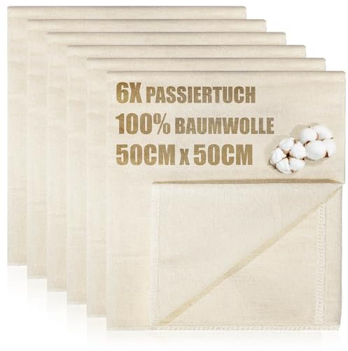 com-four® 6x Bäckerleinen, Seihtuch, Passiertuch, Knödeltuch 50 x 50 cm aus 100% Baumwolle - Gewebte Tücher für Teigzubereitung - Reißfest bei hoher Feuchtigkeit - Seiher, Leinentuch, Käsetuch