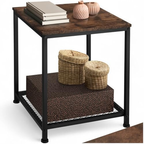 tectake® Beistelltisch Holz & Metall, Couchtisch mit Stauraum auf Zwei Ebenen, Kleiner Tisch 45,5 x 45,5 x 55,5 cm, Betttisch Deko Schlafzimmer, Couch Tisch, Industrial Dunkelbraun