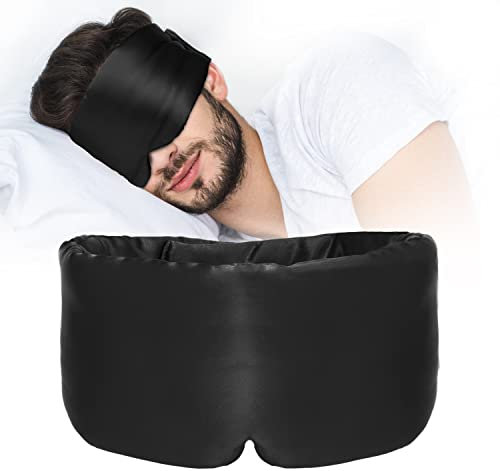 ATreebag Seide Schlafmaske für Frauen und Herren, 100% Hautfreundlich Seide Augenmaske, Große Nachtmaske mit einstellbarem Klettband zu Hause und Auf Reisen, 1 Stück (Tiefschwarz)