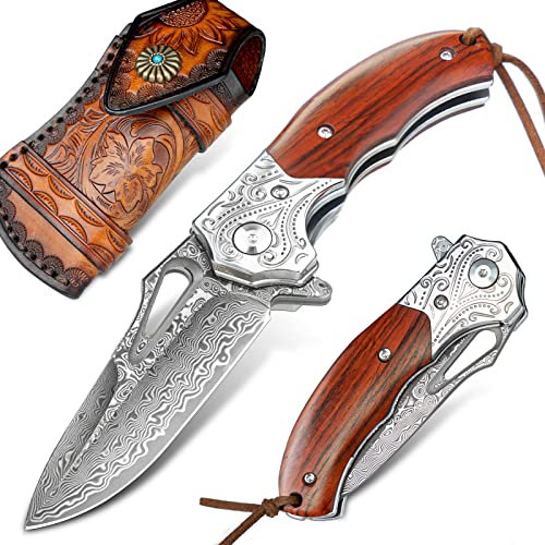 NedFoss TIGER SHARK Hochwertiges Damast Taschenmesser, 7CM Damast Klappmesser aus 67 Lagen VG10 Stahl mit Holzgriff, Kleines Einhandmesser mit Scheide & Clip, Jagdmesser für Sammlung & Geschenk