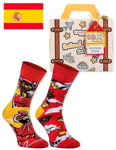 Rainbow Socks - Spain Socks in the suitcase - Damen Herren Spanien Lustige Socken Koffer - 1 Paar - Corrida Flamenco Fussball Paella - Größen EU 36-41