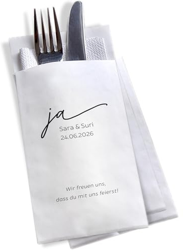 Hochzeit 10 x Bestecktasche personalisierbar weiß schwarz minimalistisch genderneutral