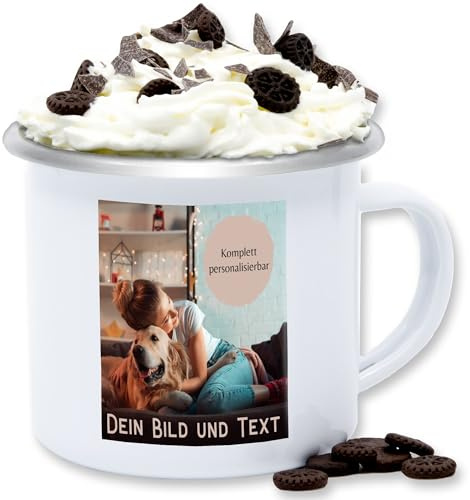 Emaille Tasse Blechtasse - eigenem - Foto Bild Geschenk I Dein Bild und Text - 300 ml - Weiß Silber - fototasse bildtasse selbst drucken logo tassen gestalten photo mugs personalisiertes fotos