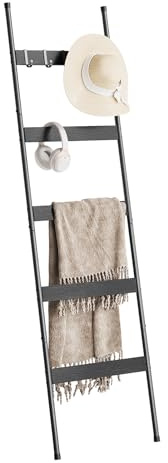 ELYKEN Blanket Ladder for Living Room, Farmhouse 5-Tier Quilt Holder with 4 Removable Hooks for Bathroom, Wood Towel Rack Display, Wall Anchor Leaning Decorative Stand for Home, Black