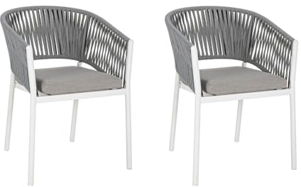 Home4You Gartenstuhl 2er Set – Terrassenstühle stapelbar – Balkonstuhl Aluminium weiß – Geflecht hellgrau – Sitzmöbel inkl. Kissen – 60x80x57 cm