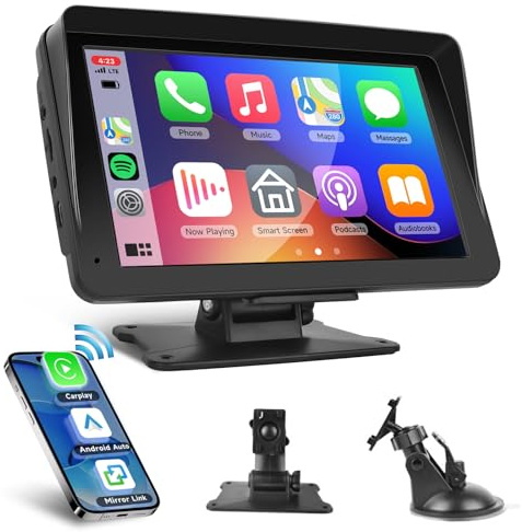 Hodozzy Pantalla CarPlay Inalámbrica para Coche, Estéreo de Coche Portátil Android Auto, Radio de Coche con Pantalla Táctil de 7 Pulgadas con Airplay, Control de Voz Bluetooth FM AUX, Reproductor de
