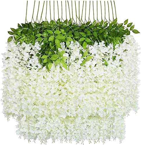 U'Artlines Künstliche Glyzinien-Ranken (3,50 m Gesamtlänge), Rattan-Girlande, zum Aufhängen, Seidenblumen, für Zuhause, Party, Hochzeit, Dekoration, 36 Stück, Weiß