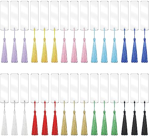 YMJD Kit de 60 Marque-pages Acrylique Transparent, 30 Marque-pages et 30 Pompons Multicolores, 12 x 3,2 cm Signet Acrylique Transparent Rectangulaires avec Glands