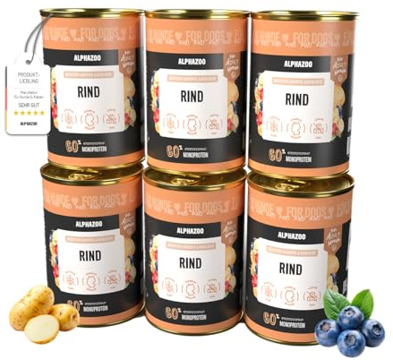 alphazoo Nassfutter Hund Monoprotein Rind 6x400g – getreidefreies Hundefutter mit Kartoffel, Heidelbeere & Hagebutte – natürliches Alleinfutter, reich an Protein & Vitaminen. Regional hergestellt.