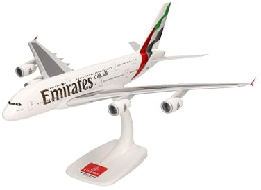 herpa Snap-Fit modellflygplan Emirates Airbus A380 – New 2023 Colors – A6-EOE, miniatyr i skala 1:250, samlarobjekt, modell med stativ, plast, vit