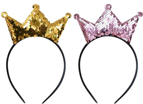 2 gyllene kronor, pannband och hårsnoddar för kvinnor, flickor och barn – födelsedagskronor, glitter och paljetter pannband för vuxna