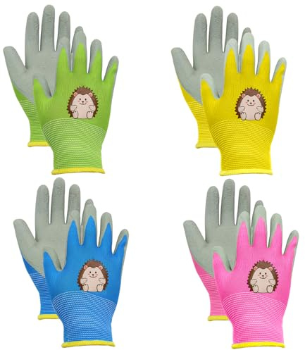 BORISCA 4 pares en 4 colores engrosados de protección de látex guantes de jardín para niños, bonitos erizos, guantes para niños de 3 a 5 años de edad, resistentes al desgaste y antideslizantes