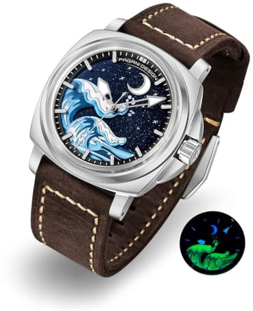 Pagani Design Automatikuhren für Herren NH35 Mechanisches Uhrwerk Klassisches Vintage Lederarmband, Super Leuchtzifferblatt und Zeigerskala, 100M Waterproof(Silber-Braun)
