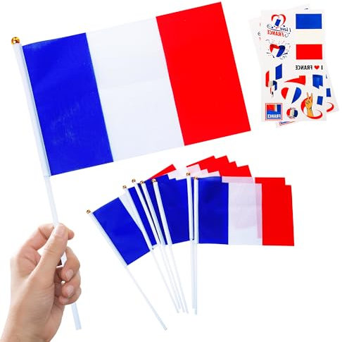 10pcs Small French Flags on Sticks & 2pcs Tattoos, Mini France Flags for Oly Games 2024, Football Sports Events, National Day Party Decorations