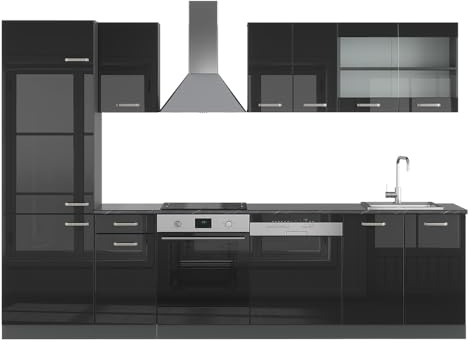 Vicco Küchenzeile R-Line, Schwarz Hochglanz/Anthrazit, 300 cm | 8 Module · Höhenverstellbare Füße · AP Anthrazit inkl. · Robuste Fronten · Mit Kühlschrankumbauschrank