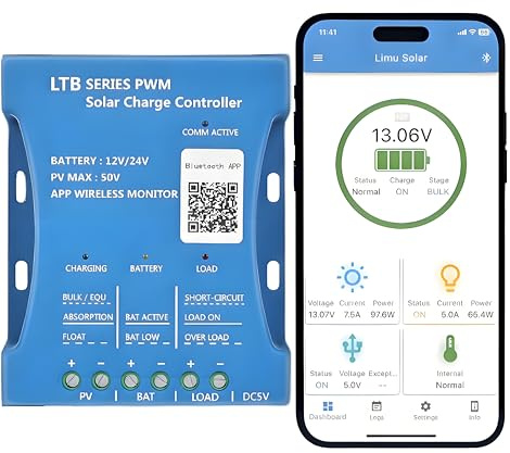 【20A Bluetooth APP Laderegler Solar 12V】KWODE Solar Laderegler 12V/24V PV:50V Solar Ladegerät Controller Solarpanel Bluetooth Solarladeregler PWM mit USB Port für Blei Säure, LiFePO4,Lithium Batterien