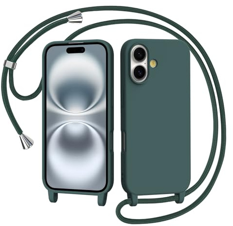 AOMYKE Coque pour iPhone 16 avec Cordon, Collier Étui Silicone Liquide avec Tour de Cou Lanière en Corde Souple TPU Antichoc Housse - Vert foncé