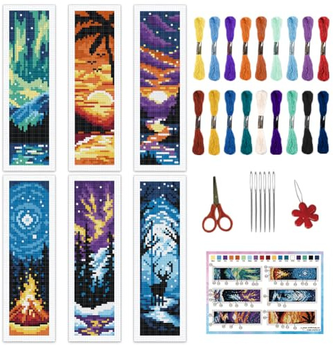 INFUNLY 6 Teiliges Kreuzstich Lesezeichen Set Mit Landschaftsmotiv Für Anfänger 8.5x3 Lesezeichen Set Mit Strand Stempelstickerei Lesezeichen Set Mit Berg Nadelspitze Und Anleitung Für Buchlie