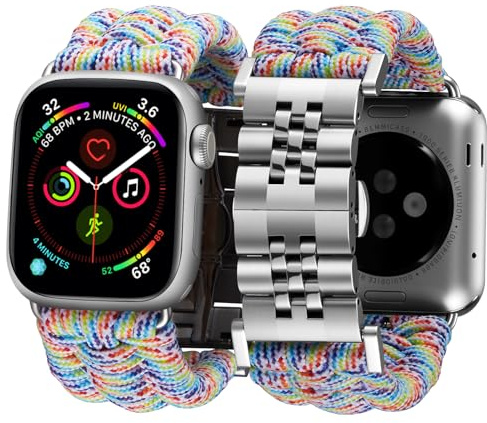 BINLUN Kompatibel mit Apple Watch Armband 42mm 41mm 40mm 38mm Geflochten 550 Paracord Stahl Sport Armbänder Kompatibel mit iWatch Series 11/10/9/8/7/6/5/4/3/2/1 SE3/2/1 Herren Damen(Regenbogen-Silber)