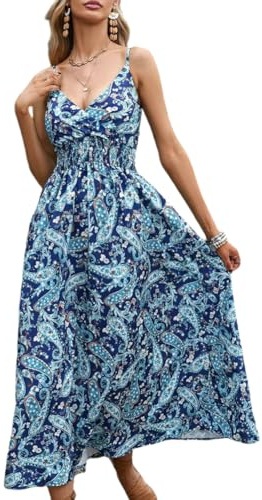 Vestido de Tirantes para Mujer Verano Elegante Ligero Largo Casuales sin Mangas Vestido Cuello en V Cintura Elástic Playa Vestido