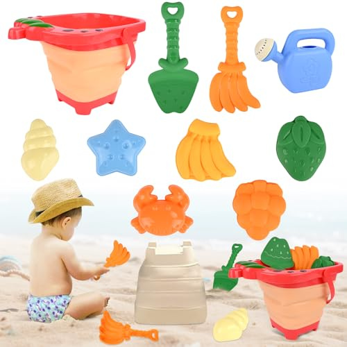 Euakee Sandspielzeug für Kinder, 10 Stück Sandspielzeug mit Erdbeere Faltbarer Eimer, Sanspielzeugset, Sandspielzeug Strand, Sandkasten Spielzeug für Kinder 3 4 5 6 7 Jahre (Rot)