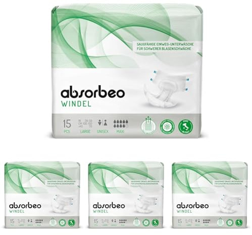 Absorbeo Windel Maxi 15 Stück, Saugfähiges Hilfsmittel für Schwere Blasenschwäche, Absoluter Komfort, Totaler Schutz, Anti-Odour-System, Vollständig Atmungsaktiv, Unisex, Größe L (Packung mit 4)
