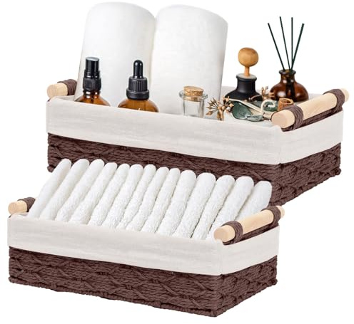 Cestini Bagno Portaoggetti, Set di 2 Cesto Portaoggetti Intrecciato con Maniglia, Cestino Vimini Piccolo, Scatola di Stoccaggio del Bagno, Impilabile, Adatti per Bagno, Camera da Letto e Armadi