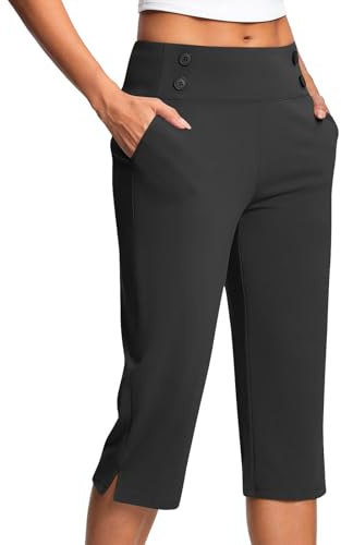 Capri Trousers for Women UK Elastic Waist Summer Pants with Pockets Stretch Straight Leg 3/4 Leggings Knee Length Shorts Ladies Cropped Bottoms Lightweight Golf Work Yoga Pants Plus Size