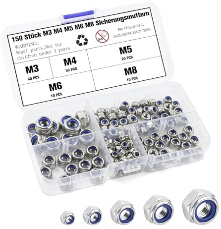 150 Stück Sicherungsmuttern Set - M3 M4 M5 M6 M8 Edelstahl 304 Sechskant Muttern mit Nylon-Einsatz - Inbus Sechskant-Antrieb Sicherungsmuttern für Industrie, Maschinenbau & Reparatur