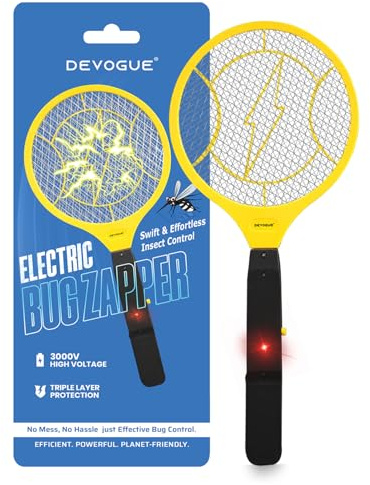 DEVOGUE® - Matamoscas eléctrico con pilas, para interior y exterior, control de plagas, raqueta de mosquitos y atrapador de insectos (negro y amarillo)