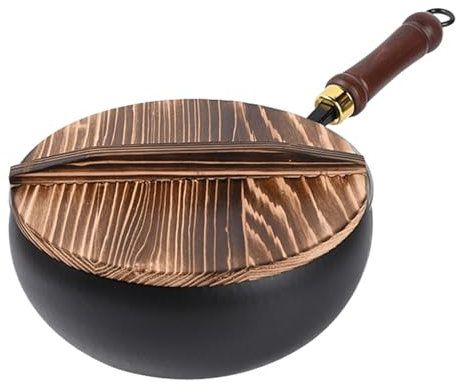Liqzirtu Poêle japonaise en fonte - Wok artisanal, wok en fonte avec couvercle | Poêle multifonctionnelle non revêtue avec couvercle pour cuisine, restaurant, intérieur et extérieur