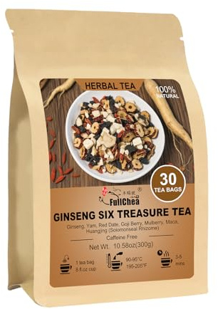 FullChea - Ginseng Six Treasure Tea, 30 Teabags, Traditional Chinese Herbal Blend for Kidney Health, Detox Tea With Ginseng, Mulberry, Huangjing, Maca, Goji Berry, Red Dates, Yam - Support Wellness
