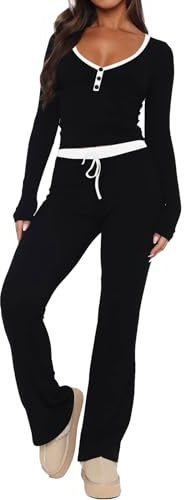 LACOZY Womens 2 Piece Long Sleeve Tank Top Workout Outfits Pajama Sets Crop Top and Trousers Set Matching Lounge Black XL