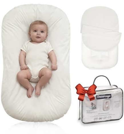 Beisurznga Baby Lounger for Newborn - Snuggle Cozy Me Lounger | Breathable Soft Cotton, 0-24 Months Portable Playtime Baby Nest, Newborn Baby Essentials Gifts- White (1 Lounger + 1 Cover)