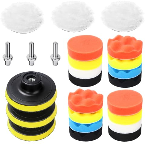 25 Pack 3 Inch Polishing Pads Set with M10 Drill Adapter, Sponge Buffing Pads Kit for Car Polishing, Waxing, Scratch Removal