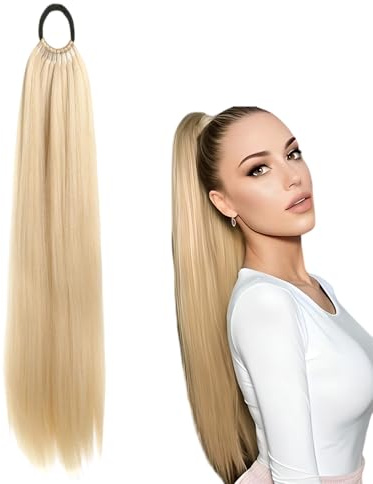Künstlich Echthaar Zopf, Zopf Extension für Damen, Ponytail Extension Echthaar 60 Zentimeter Lang, Lang Glattes Pferdeschwanz Haarteil Für Täglichen Gebrauch Und Spezielle Anlässe