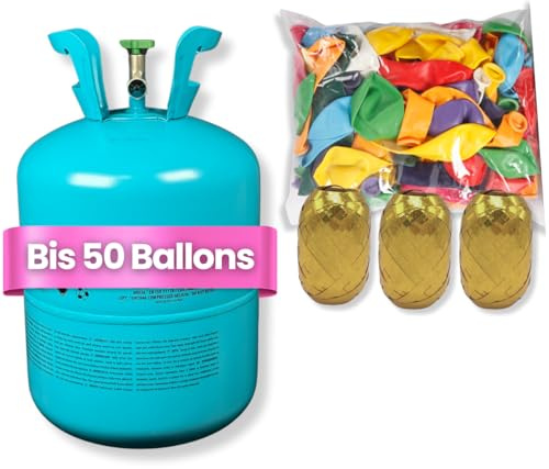 DIWULI Ballongas Helium inkl. 50 tollen Luftballons bunt + Ballon-Band - Gasflasche für Geburtstag, Kindergeburtstag, Party-Set, befüllt in EU